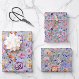 Purple Embroidery Floral Wrapping Paper Sheet