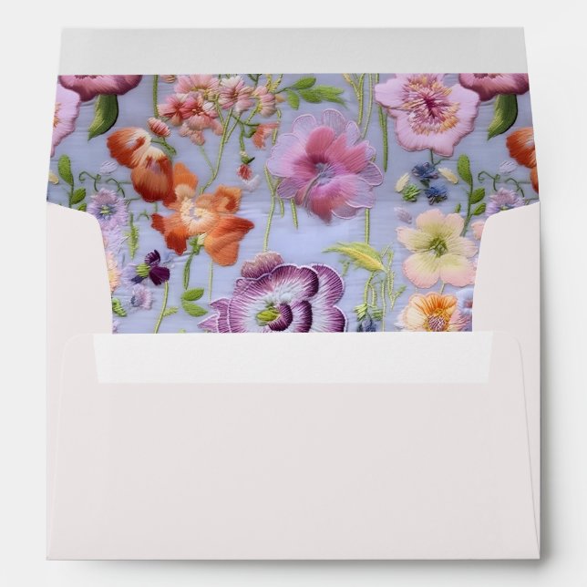 Purple Embroidery Flowers Lining Wedding Envelope (Back (Bottom))