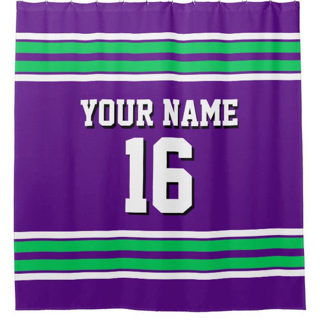 Purple Emerald Green White Stripes Sports Jersey Shower Curtain (Front)