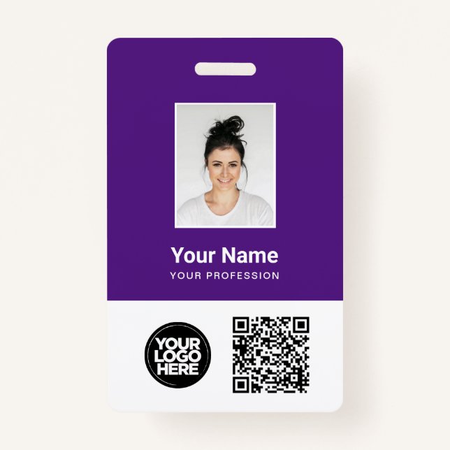 Purple Employee Photo, Qr and Bar Code, Logo, Name ID Badge (Front)