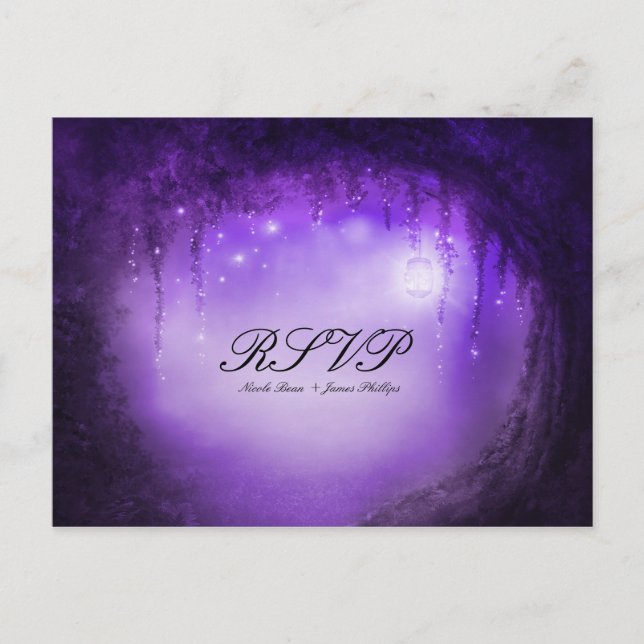 Purple Enchanted Forest Fantasy Wedding RSVP Card (Front)