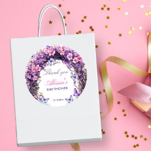 Purple enchanted garden fairy baby shower favour classic round sticker