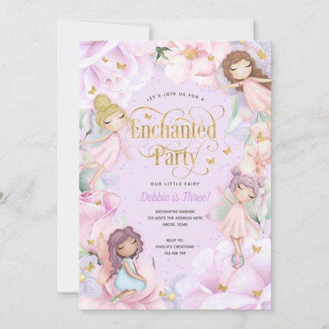 Purple Enchanted party, Garden fairy pink birthday Invitation (Front)
