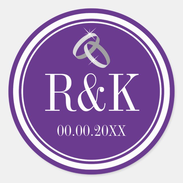 Purple entwined wedding rings party favour sticker (Front)