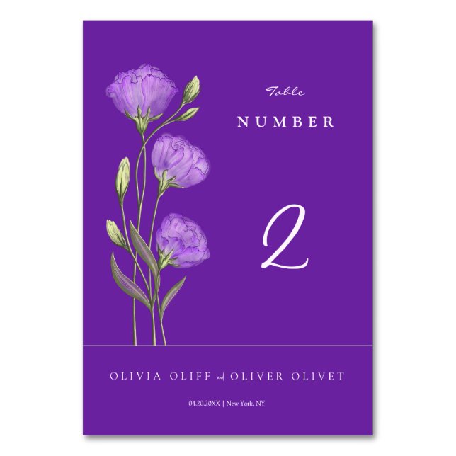 Purple Eustomas Wedding Table Number (Front)