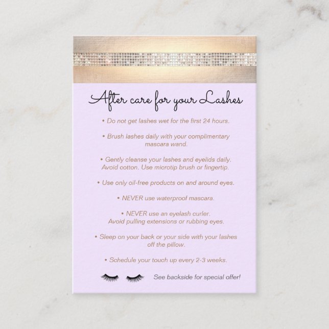 Purple Eyelash Extensions Aftercare Instructions Referral Card (Front)