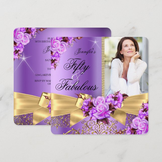 Purple Fabulous 50 Photo Gold Rose Bow Birthday Invitation (Front/Back)