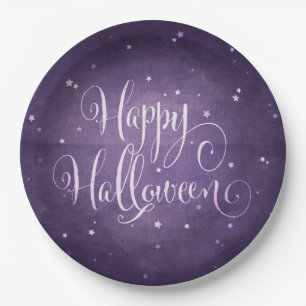 Purple Faded Magical Stars Happy Halloween Party Paper Plate