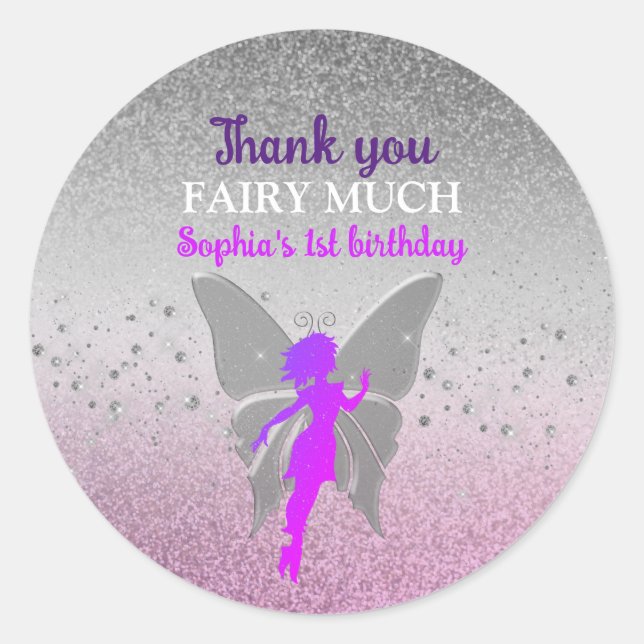 Purple Fairy 1st Birthday Thank You Classic Round Sticker (Front)
