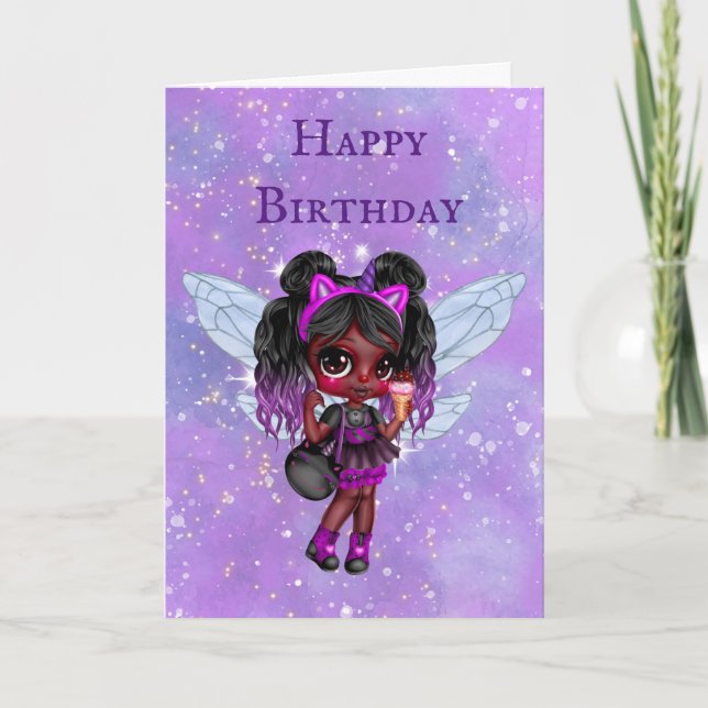 Purple fairy African American girl cute birthday Card (Front)