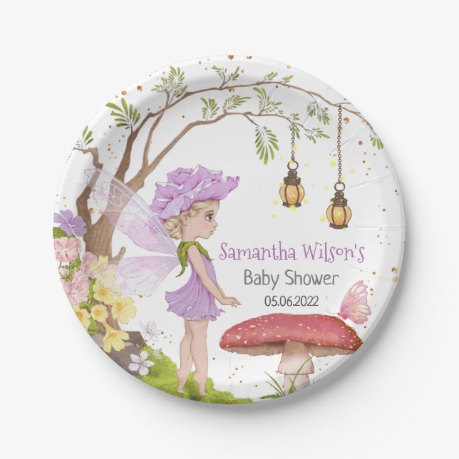 Purple Fairy Floral Baby Shower Paper Plates (Front)