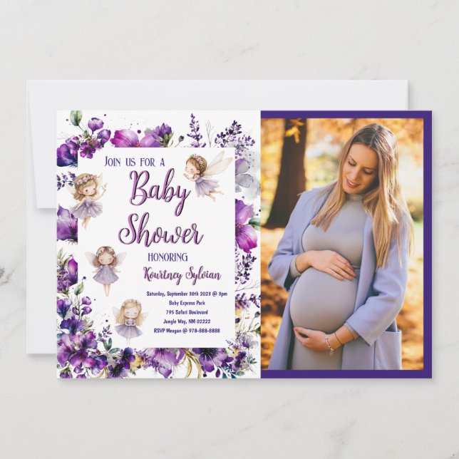 Purple Fairy Floral Baby Shower Photo Invitation (Front)