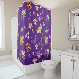 Purple Fairy Flower Butterfly Mushroom Themed Shower Curtain