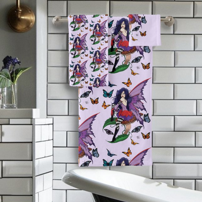 Purple Fairy Mushroom Butterflies Bath Towel Set (Creator Uploaded)