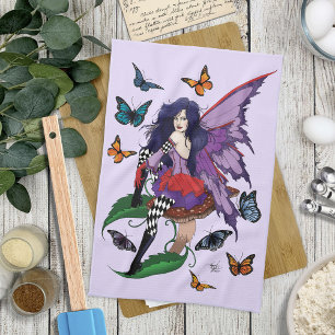 Purple Fairy Mushroom Butterflies Tea Towel