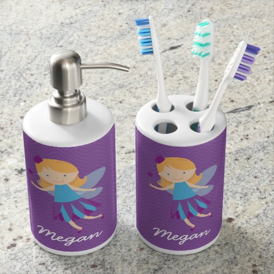 Purple Fairy on Chevrons Soap Dispenser And Toothbrush Holder
