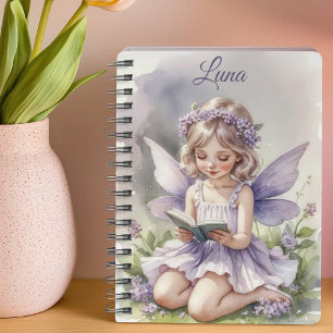 Purple Fairy Reading on Grass Flowers Personalised Notebook