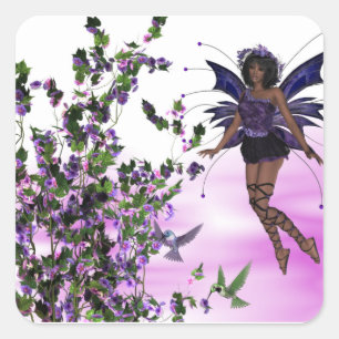 Purple Fairy with Hummingbirds Square Stickers