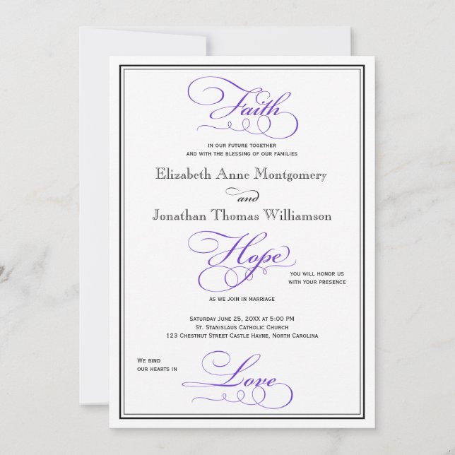 Purple Faith Hope Love Script Wedding Invitation (Front)