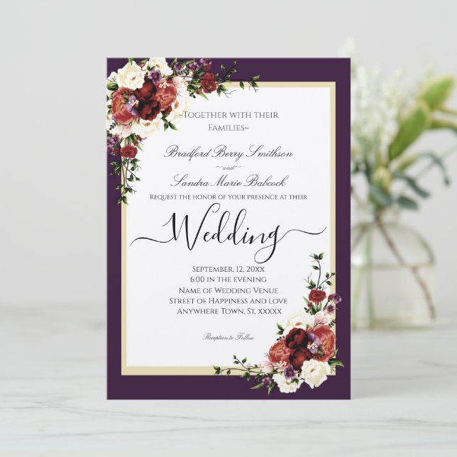 Purple Fall Flowers Terracotta Cream Burgundy  Inv Invitation (Standing Front)