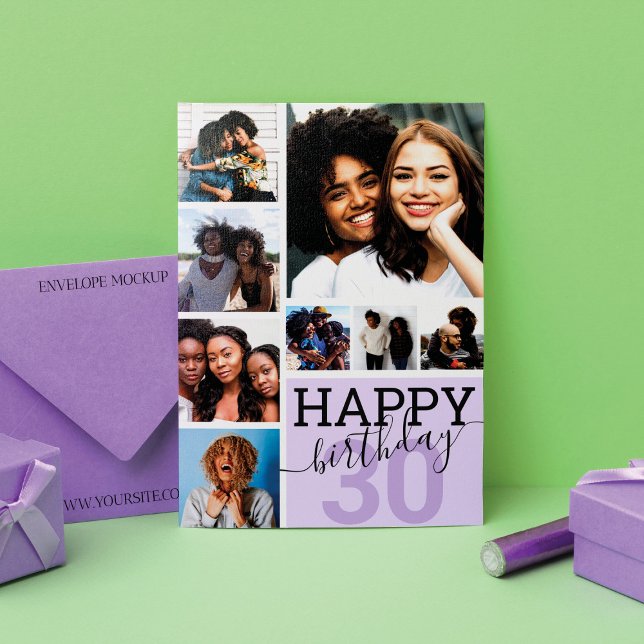 Purple Family Friends Photo Collage Happy Birthday Card (Creator Uploaded)