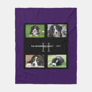 Purple family pets kids monogram  4 photo collage fleece blanket