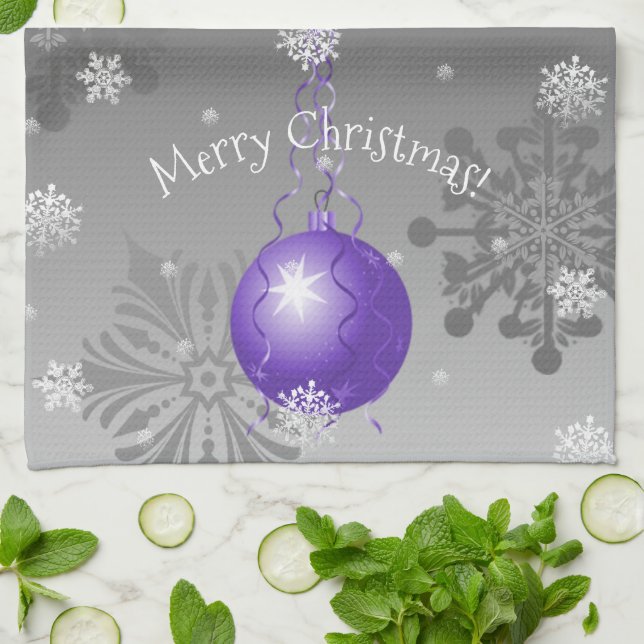 Purple Fancy Christmas Ornament Kitchen Towel (Folded)