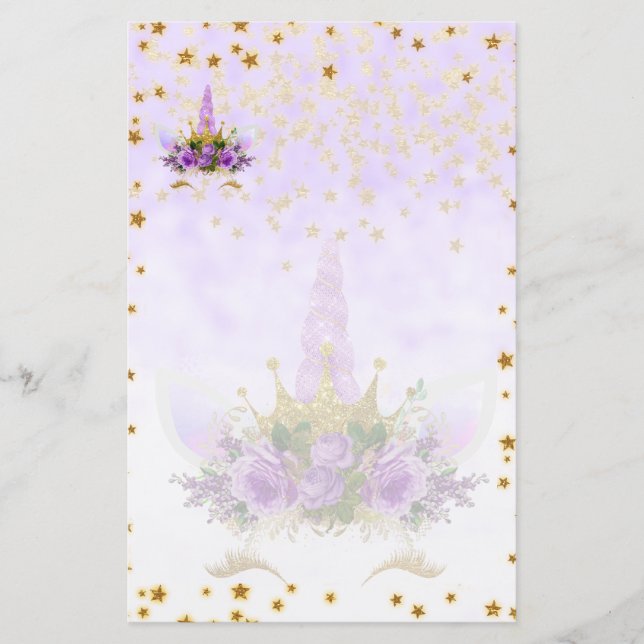 Purple Fantasy and Golden Stars Unicorn Stationery (Front)