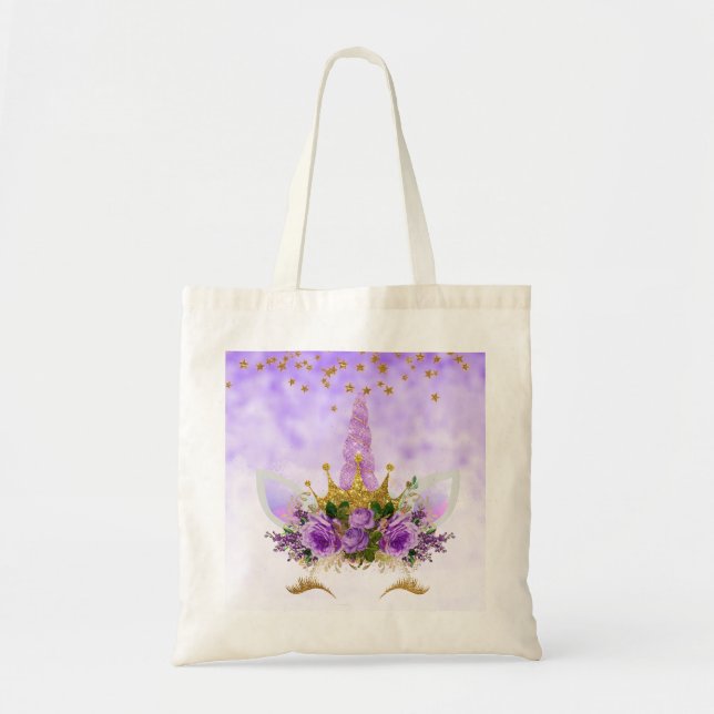 Purple Fantasy and Golden Stars Unicorn Tote Bag (Front)