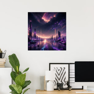 Purple Fantasy Cityscape Wall Art Dark Sci-Fi Poster