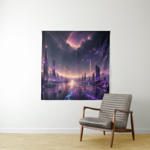 Purple Fantasy Cityscape Wall Art Dark Sci-Fi Tapestry