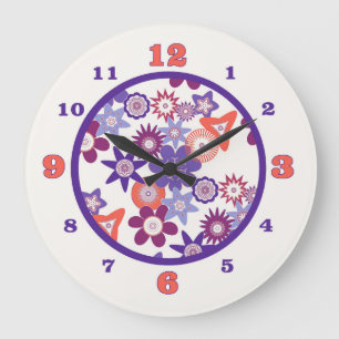 Purple Fantasy Flower Pattern Large Clock