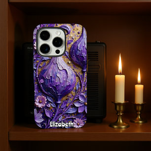Purple Fantasy Flowers with Gold Texture iPhone 16 Pro Case