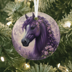 Purple Fantasy Horse Moon Flowers, Glass Tree Decoration