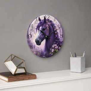 Purple Fantasy Horse Moon Flowers, Large Clock