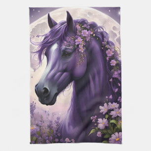 Purple Fantasy Horse Moon Flowers, Tea Towel