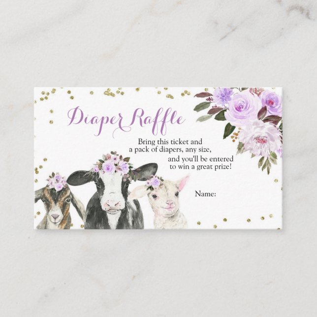 Purple Farm Animal Floral Girl Diaper Raffle Enclosure Card (Front)