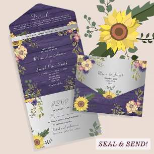 Purple Farmhouse Rustic Sunflower Wedding All In One Invitation