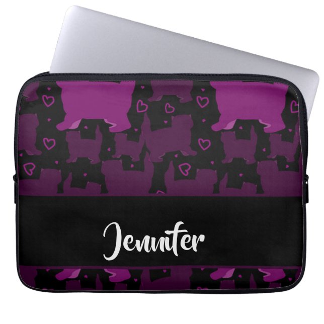 Purple fat cats silhouette on black laptop sleeve (Front)