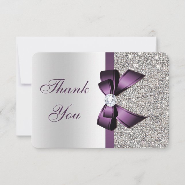 Purple Faux Bow Silver Sequins Diamond Thank You (Front)
