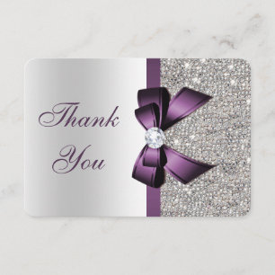 Purple Faux Bow Silver Sequins Diamond Thank You Card