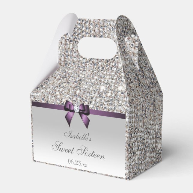 Purple Faux Bow Silver Sequins Sweet 16 Favour Box (Front Side)