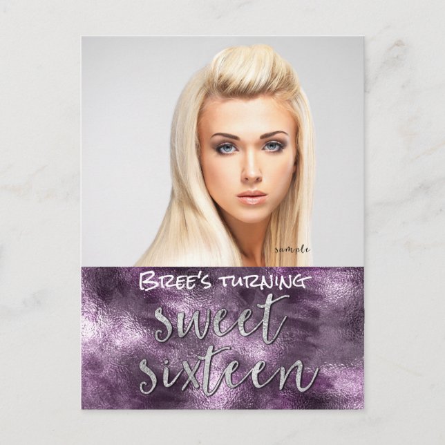 Purple Faux Foil Glamour Chic Photo Sweet 16 Announcement Postcard (Front)