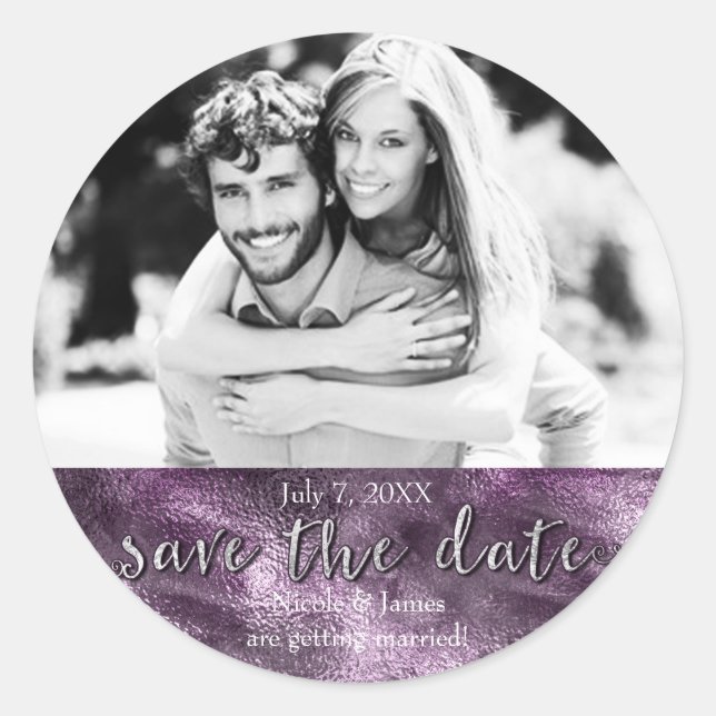 Purple Faux Foil Glamour Chic Save The Date Photo Classic Round Sticker (Front)