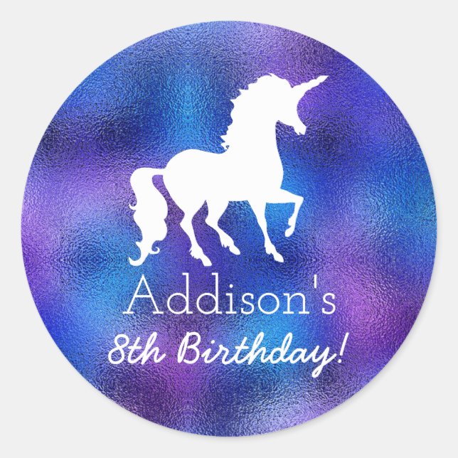 Purple Faux Foil Unicorn Silhouette Girls Birthday Classic Round Sticker (Front)