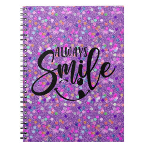 Purple Faux Glitter Always Smile Typography Notebook