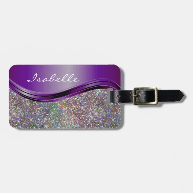 Purple Faux Glitter Bling Personalised Rainbow  Luggage Tag (Front Horizontal)
