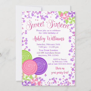 Purple Faux Glitter Candy Theme Sweet 16 Invitation