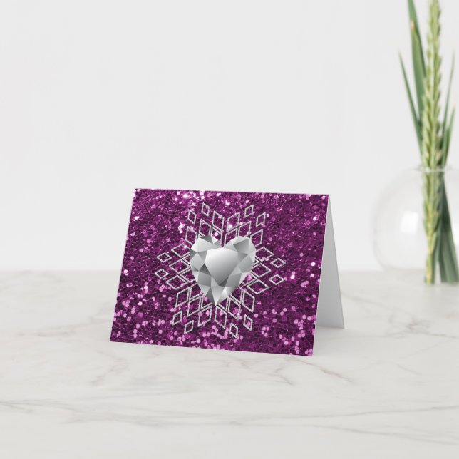 Purple Faux Glitter Diamond Heart Snowflake Holiday Card (Front)