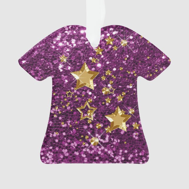 Purple Faux Glitter Gold Shiny Stars & Confetti Ornament (Front)